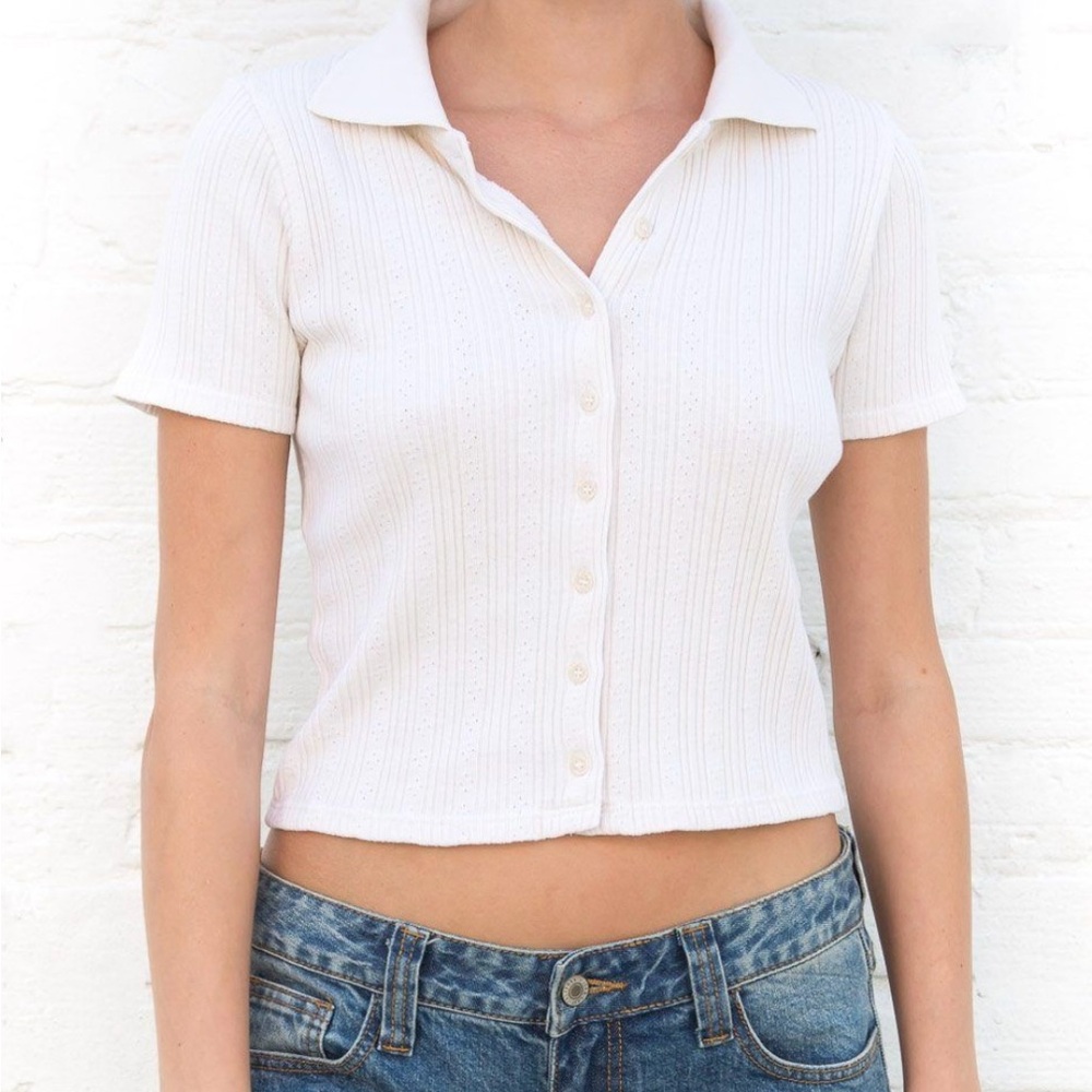 Brandy Melville White Ribbed Collared Polo Tee